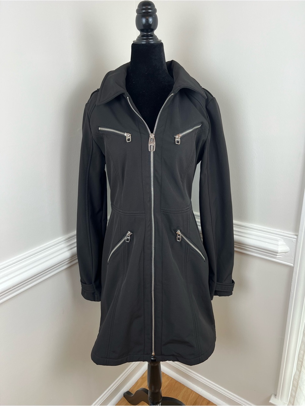 M60 Miss Sixty Black Softshell Fleece Lined Long Moto Jacket Coat Size M